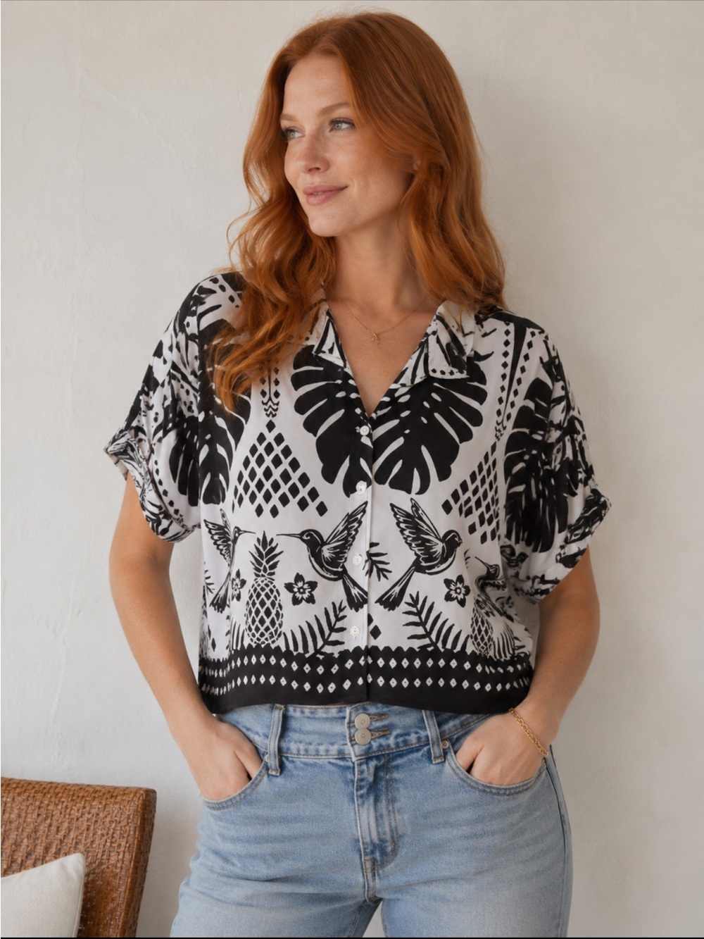 Sunburst Kiss Women’s L Contrast Button Down Hummingbird Tropical Cuffed Sleeves